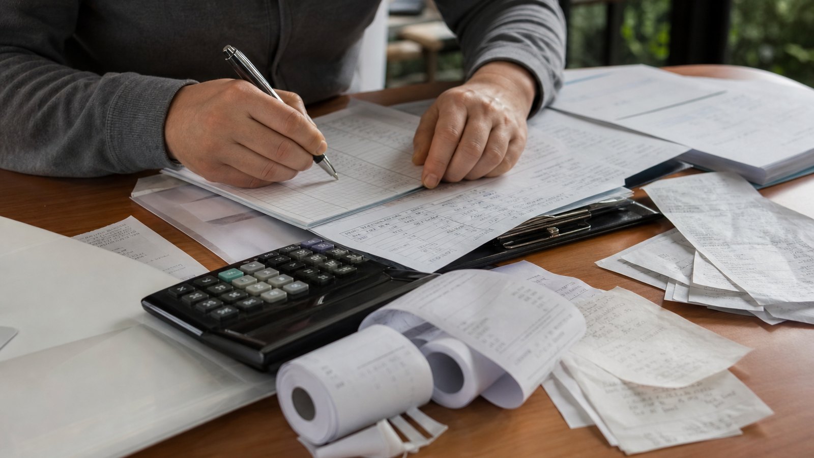 Gérant de boutique calculant les reversements sur un bureau
