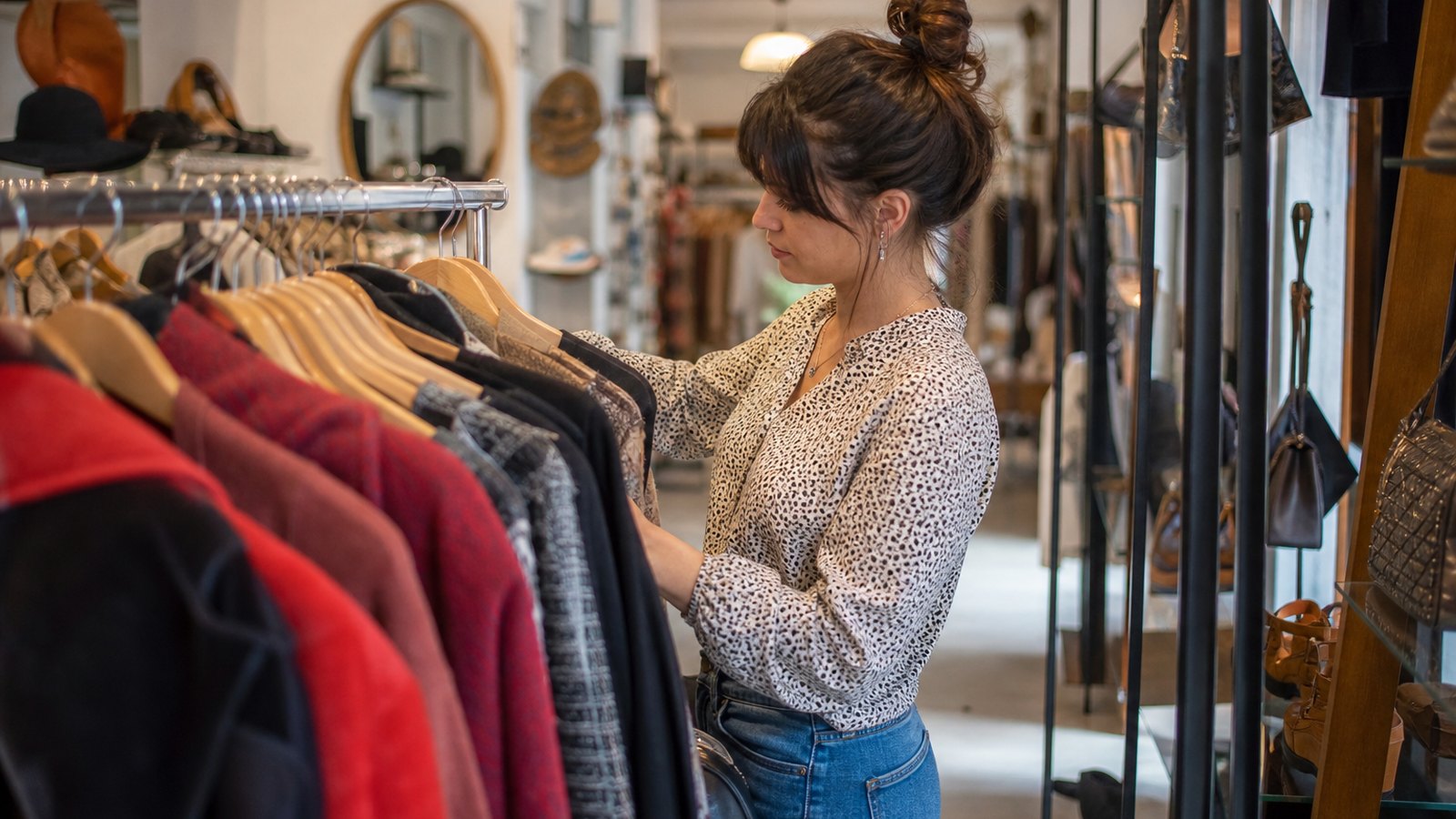 Boutique de dépôt-vente avec articles présentés sur des portants