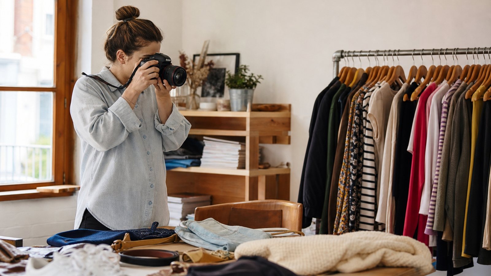 Gérante photographiant un vêtement de seconde main pour la vitrine en ligne de sa boutique